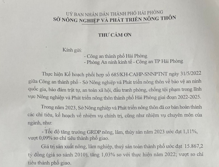 Sở Nông nghiệp và Phát triển nông thôn gửi thư cảm ơn